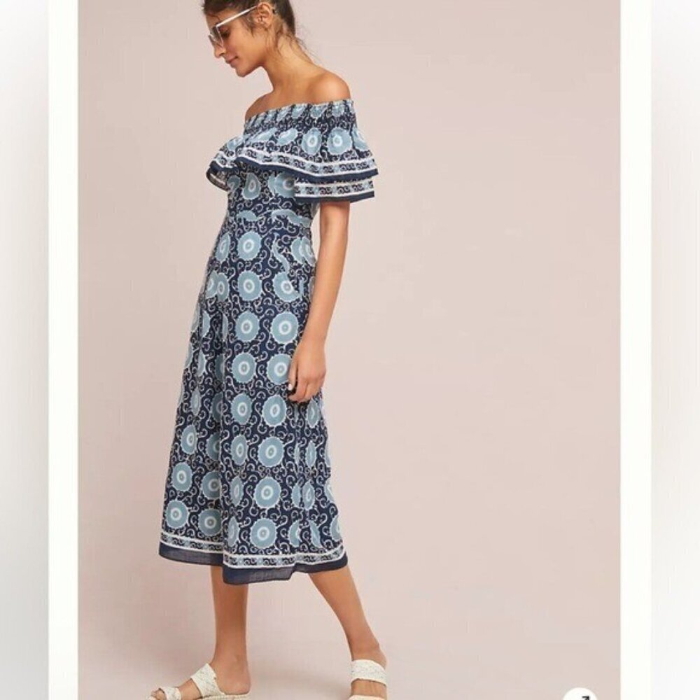 Anthropologie Navy and Light Blue Off-Shoulder Wide Leg Printed Midi Jumpsuit S